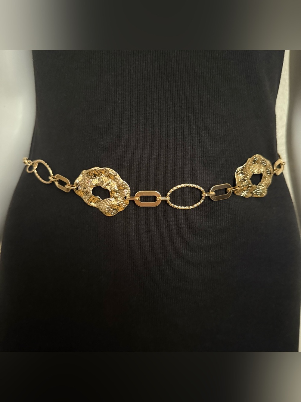 Gold tone metallic asymmetrical disc chain belt